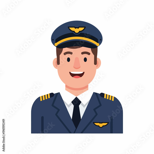 Smiling pilot in blue uniform hat.