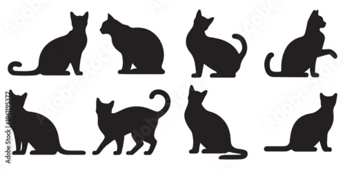 Obraz Sitting and walking cat silhouettes, elegant feline pet animal poses. vector illustration eps 10