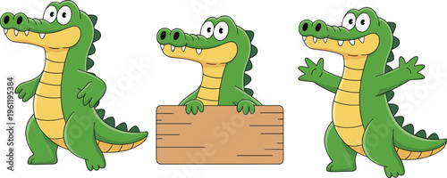 Cartoon alligator characters, playful crocodile illustration, green reptile mascot, kids educational design, cheerful animal artwork, fun wildlife drawing, cute zoo character