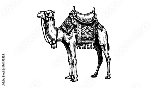 Camel line art vector with decorative saddle vintage desert illustration