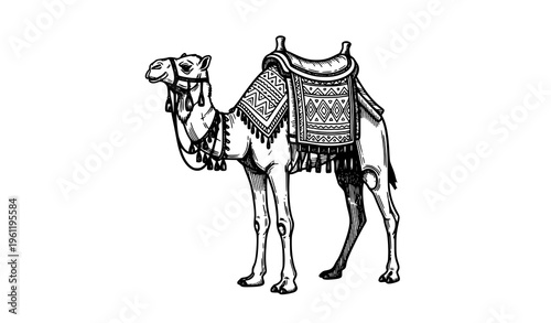 Hand drawn camel vector sketch with traditional saddle vintage line art