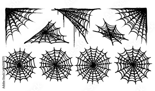 Black brush spiderweb collection vintage Halloween cobweb sketch set
