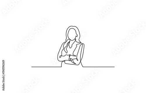 Schilderij op canvas Continuous one line drawing of confident businesswoman with crossed arms