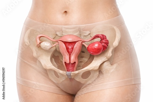 Ovarian torsion medical visualization reveals twisted fallopian tube and ischemic discolored ovary through transparent briefs for emergency surgery education and diagnostic study.