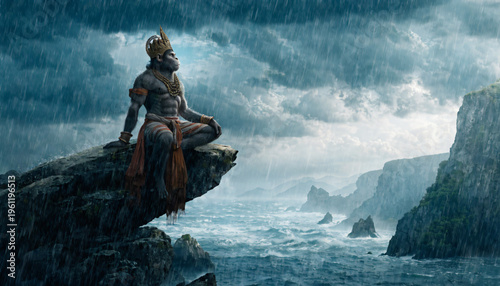 Ancient Hindu ascetic yogi meditating alone on rocky coastal cliff during heavy rainfall with dramatic stormy ocean waves and dark moody sky in deep spiritual solitude