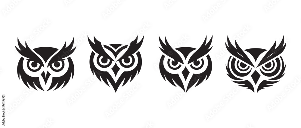 Fototapeta premium Abstract Stylized Owl Faces Icons, Silhouette Vector Set, Front View.