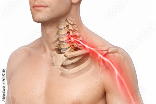Cervical radiculopathy medical illustration showing compressed neck nerve root with radiating arm pain pathway in spine concept for diagnosis health education and clinical care