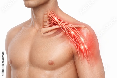 Brachial plexus neuralgia medical illustration showing irritated nerve network from neck through shoulder to arm in neurology concept for diagnosis health education and clinical care