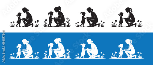 Mother and Child Silhouettes in Garden. Care, Love, and Family Bonding Illustration Set.