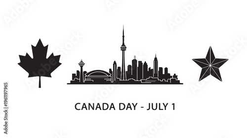 Toronto city skyline with maple leaf and star in black silhouette for Canada Day celebration