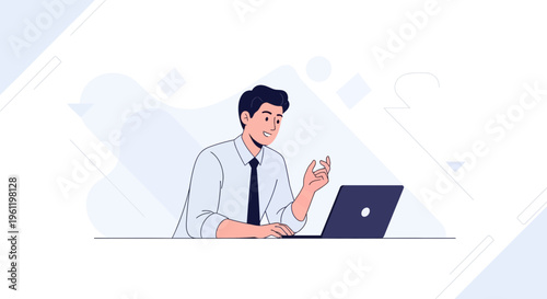 Man in formal wear working on a laptop, engaging in a video call, modern office illustration