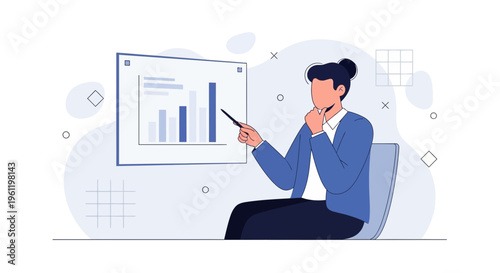 Businesswoman presenting bar chart on screen, data analysis, strategy, meeting, office, illustration