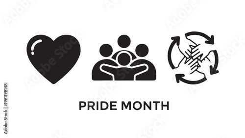 Pride month awareness icons in black on white background for social media
