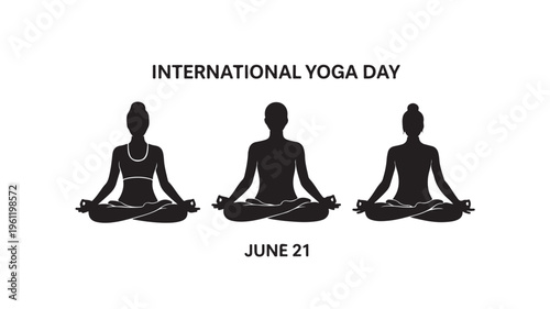 Yoga silhouettes in lotus pose on white background for International Yoga Day on June 21 in minimalist flat style with black color and simple texture for wellness and meditation