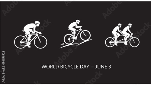 Cycling silhouettes in motion on black background for World Bicycle Day on June 3 in minimalist style with white color and flat design for cycling events