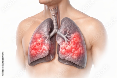 Pulmonary edema medical illustration showing lungs with fluid filled alveolar regions in pulmonology and cardiology concept for diagnosis respiratory pathology education and care