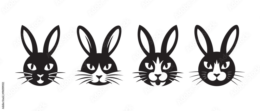 Obraz premium Minimalist Black and White Rabbit Head Icons. Stylized Cartoon Bunny Faces Collection with Varied Markings on White Background.