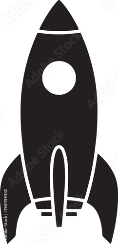 Black rocket icon, space shuttle symbol, launch vehicle graphic, modern technology logo
