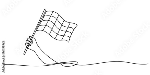 Continuous one line drawing of a hand holding a checkered flag representing victory and racing Vector, illustration