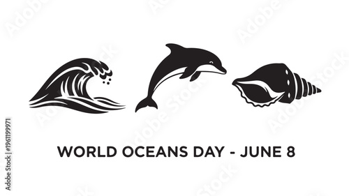 Black silhouettes of wave, dolphin and seashell on white background for World Oceans Day awareness campaign in minimalist style with monochromatic color scheme for environmental conservation