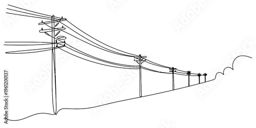 Continuous line drawing of power lines and utility poles stretching across a simple landscape Vector, illustration