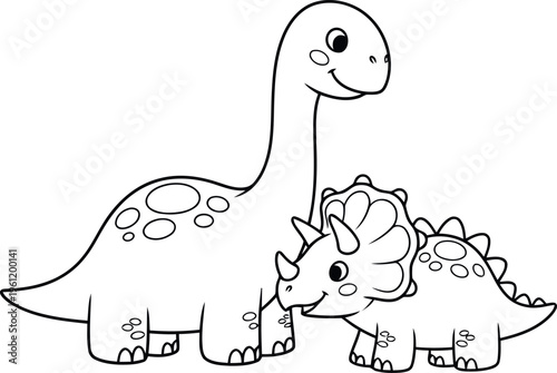 Friendly dinosaurs standing together in a line drawing
