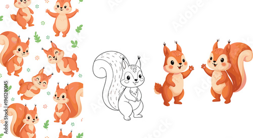 Cute Squirrel Cartoon Character Set with Multiple Poses Seamless Pattern and Outline Sketch Adorable Forest Animal Vector Collection for Kids Design