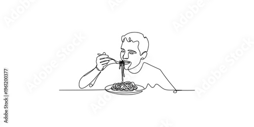 A man eating spaghetti with a fork in a continuous line drawing style one food