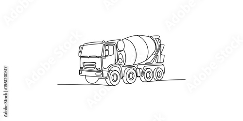 Continuous line drawing of a cement mixer truck on a white background concrete construction vehicle