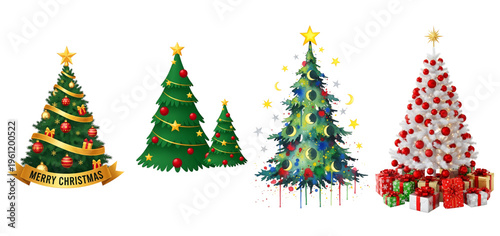 A group of decorated christmas trees with presents