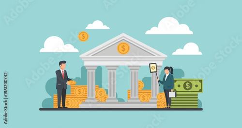 Businessmen engaged in financial transactions outside a bank building