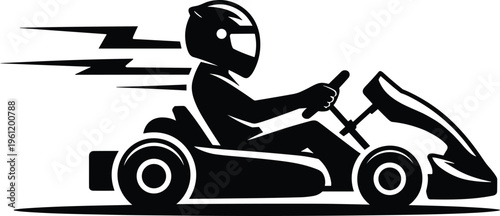 Black silhouette of a competitive racer driving a fast go kart on a track isolated on white background for racing