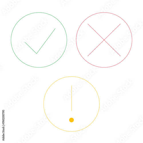 Status Icon Set – Check Mark, Cross, and Exclamation Symbols – Success, Error, Warning Indicators for UI, Notifications, Alerts, and System Feedback