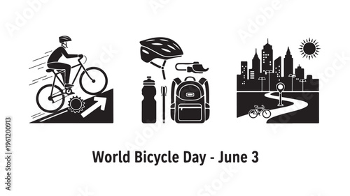 Black and white illustration of bicycle day in urban cityscape with accessories for transportation and recreation