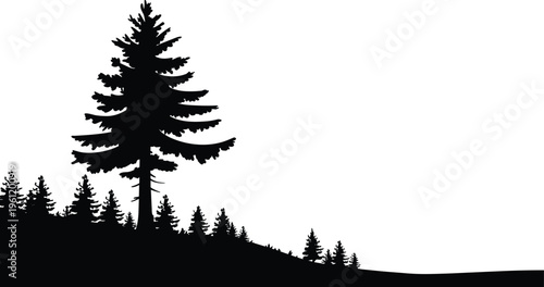 Black silhouette forest landscape with large pine tree foreground and scattered smaller trees on hillside, minimal nature vector illustration design