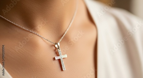 Silver cross pendant necklace on person’s neck with delicate chain and blurred background vector illustration for jewelry themes