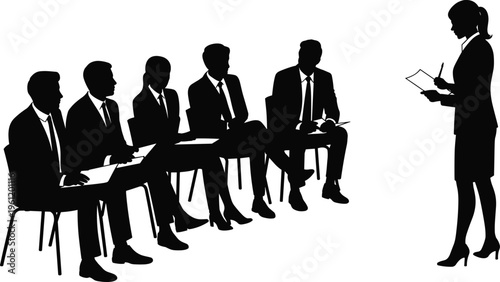 Business meeting silhouettes, corporate training illustration, seminar vector, professional workshop figures, teamwork presentation art, educational design, office communication, leadership graphics