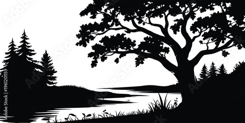 Black silhouette landscape with large tree and evergreen forest beside calm river stream, minimal vector nature illustration peaceful scenery