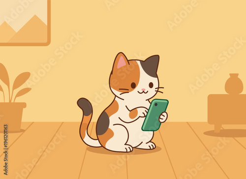 Cute Cat Using a Smartphone with editable stroke