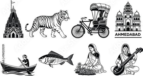Indian Culture and Heritage Vector Icon Set Featuring Bengal Tiger Rickshaw Ahmedabad Landmark Temple Fisherman Fish Traditional Woman Playing Sitar and Tea Picker Illustration