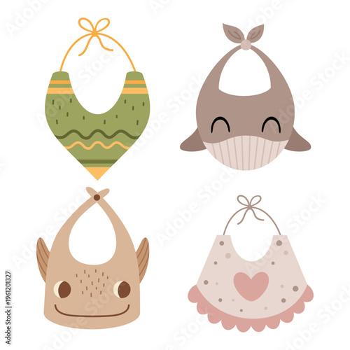 Cartoon baby bib clipart set in pastel colors, Kids bibs image, Nursery vector hand drawn design.