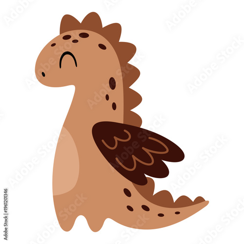 Cartoon baby dragon image. Cute little brown dragon clipart. Kids fantasy vector illustration