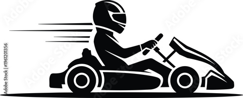 Black silhouette of a professional racer driving a fast go kart on a track isolated on white background for racing