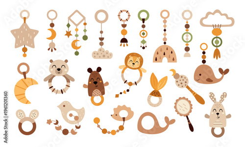 Boho baby toys clipart set, Hanging toy rattle for lullaby. Bohemian gender neutral nursery decor elements. Baby shower minimalist images for newborn.
