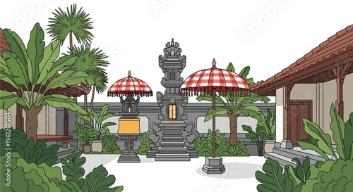 Traditional Balinese House Compound with Hindu Family Temple Shrines, Red Checkered Tedung Umbrellas, and Tropical Garden Vector Illustration