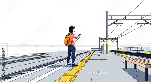 people with Backpack Holding Smartphone Waiting at Modern Railway Station Platform Vector Illustration