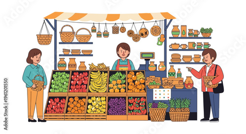 Traditional Local Market Stall with Female Seller and Customers Buying Fresh Fruits and Vegetables Vector Illustration