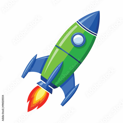 Green rocket with blue fins flying.
