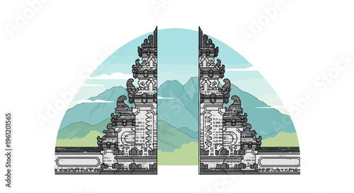 Traditional Balinese Candi Bentar Split Gate with Mount Agung View and Tropical Landscape Vector Illustration