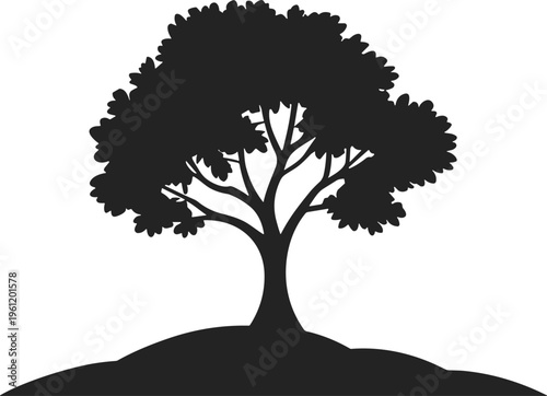 Black silhouette of broad canopy tree with thick trunk on hill, minimal vector nature artwork symbolizing growth and life